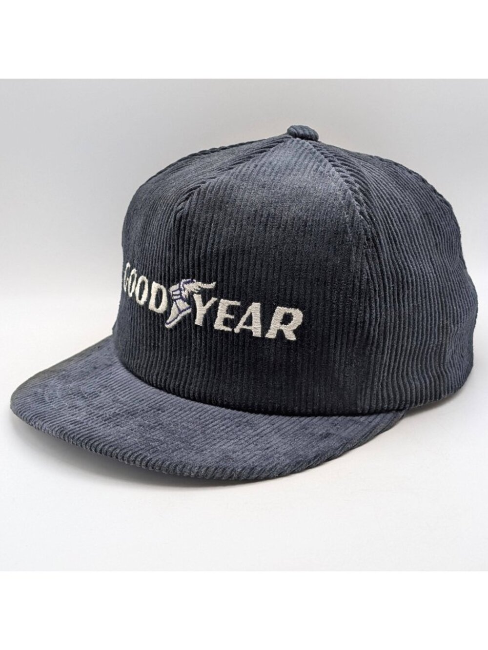 Vintage Goodyear Hat Cap Snapback Navy Blue Corduroy Retro Tires Trucker